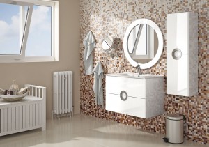 Mueble de lavabo blanco para colgar en pared con dos gavetas y tirador metálico con diseño circular