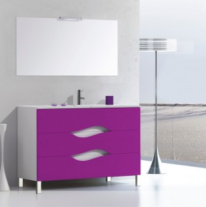 Mueble de lavabo en malva con gavetas y tiradores de diseño integrados con fondo blanco
