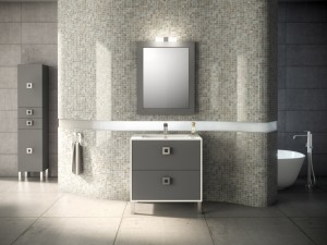Mueble de lavabo con frente de gavetas en gris y laterales en blanco. Tiradores metálicos cuadrados