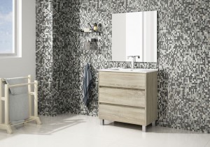 Mueble de lavabo acabados en madera gris de veta horizontal con dos gavetas.